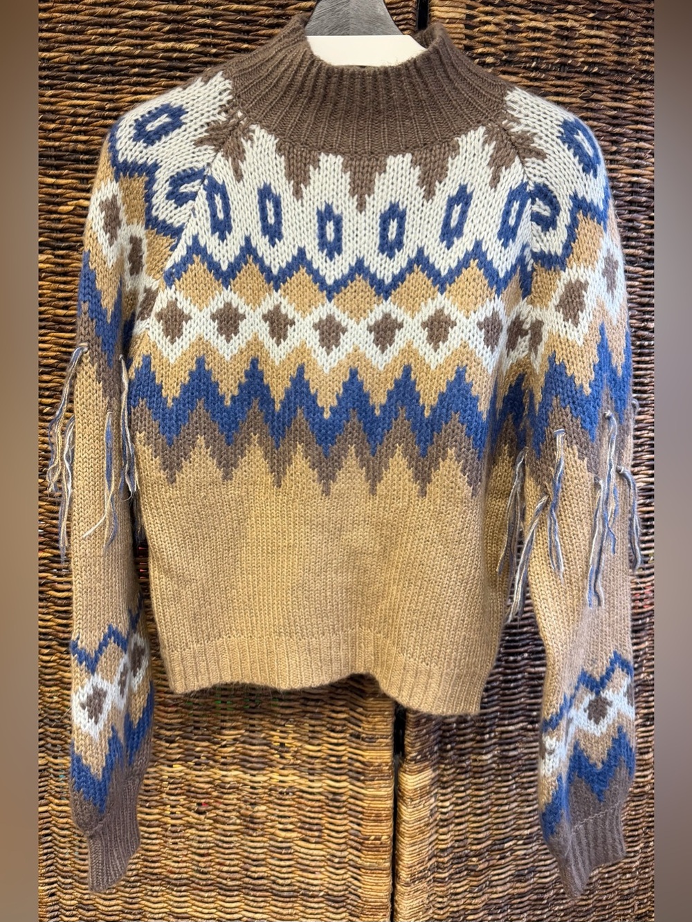 & Merci-Cozy Patterned Fringe Pullover Sweater-Brown/Blue/Cream, Small, NWT